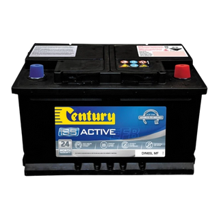 Century DIN65L EFB stop-start battery, three-quarter view showing carry handles and standard tapered terminals
