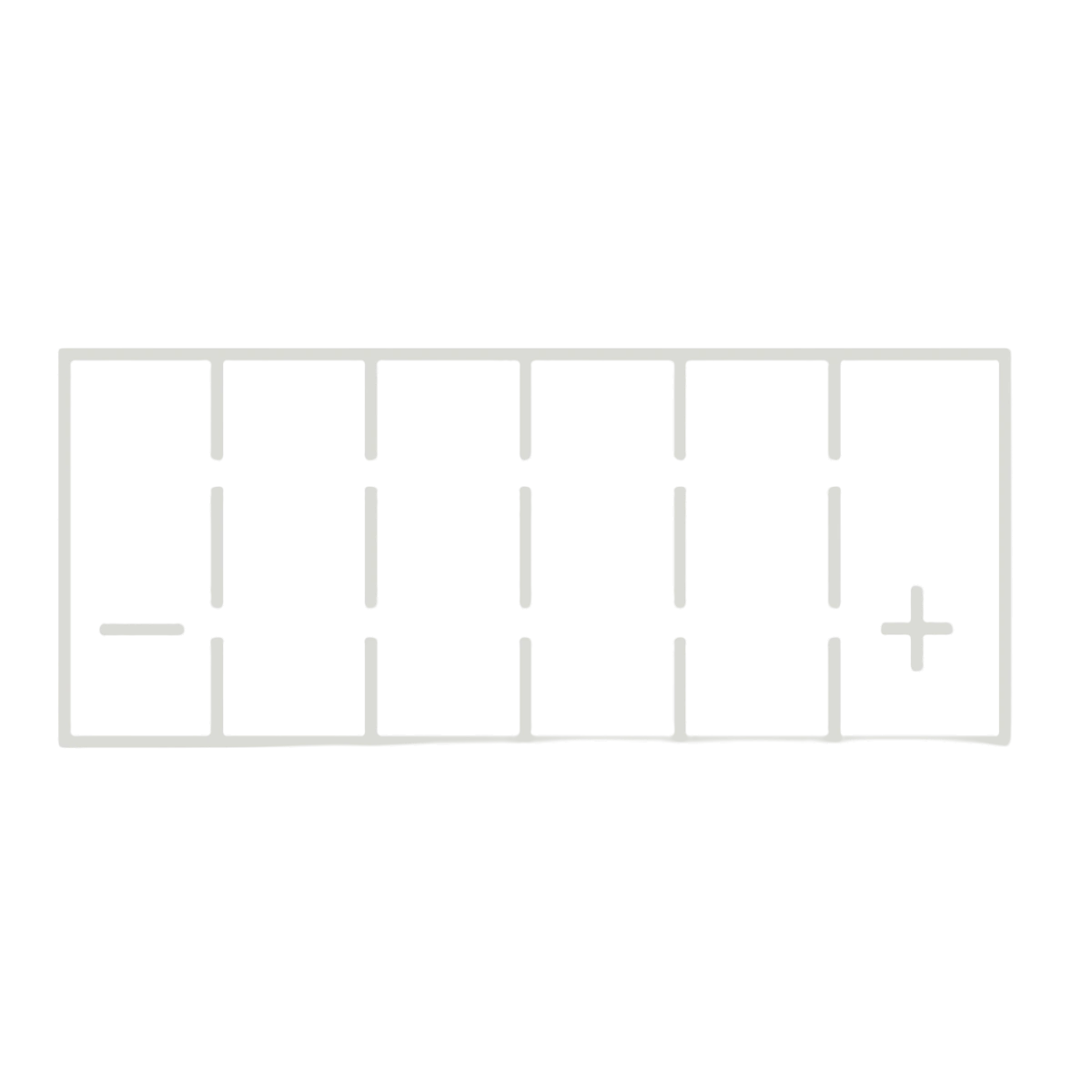 Plan outline of a six-cell battery case with the negative marked at the left end and the positive at the right – Century battery