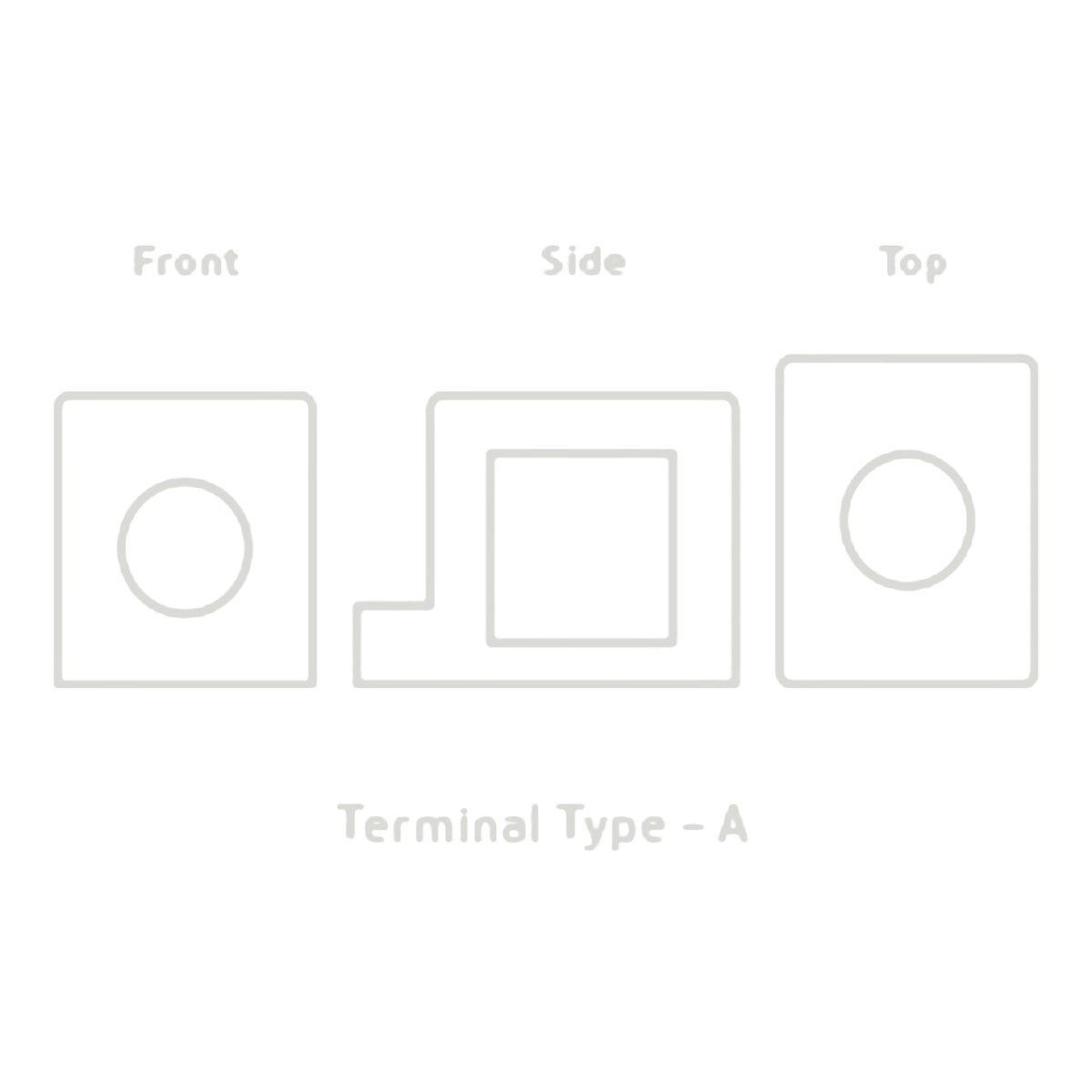 Three-view line drawing of a battery terminal, front, side and top, showing a round post in a square body, labelled Terminal Type – Century battery
