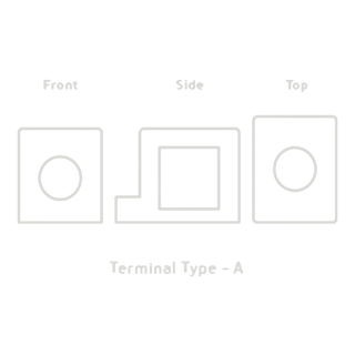 Three-view line drawing of a battery terminal, front, side and top, showing a round post in a square body, labelled Terminal Type – Century battery