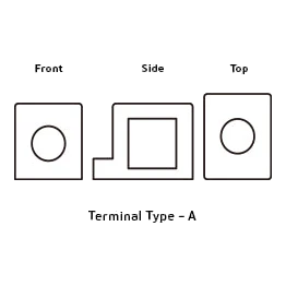 Three-view line drawing of a battery terminal, front, side and top, showing a round post in a square body, labelled Terminal Type – Century battery