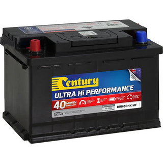 Dimensional diagram of the Century DIN65RHX MF Ultra Hi Performance battery, 277 by 174 by 190mm overall case size with standard terminal posts