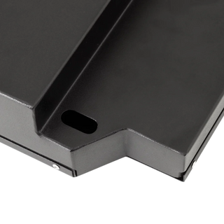 Close-up of the folded steel edge of the battery case, showing the slotted mounting hole, the powder-coated finish and the countersunk fixing along the seam