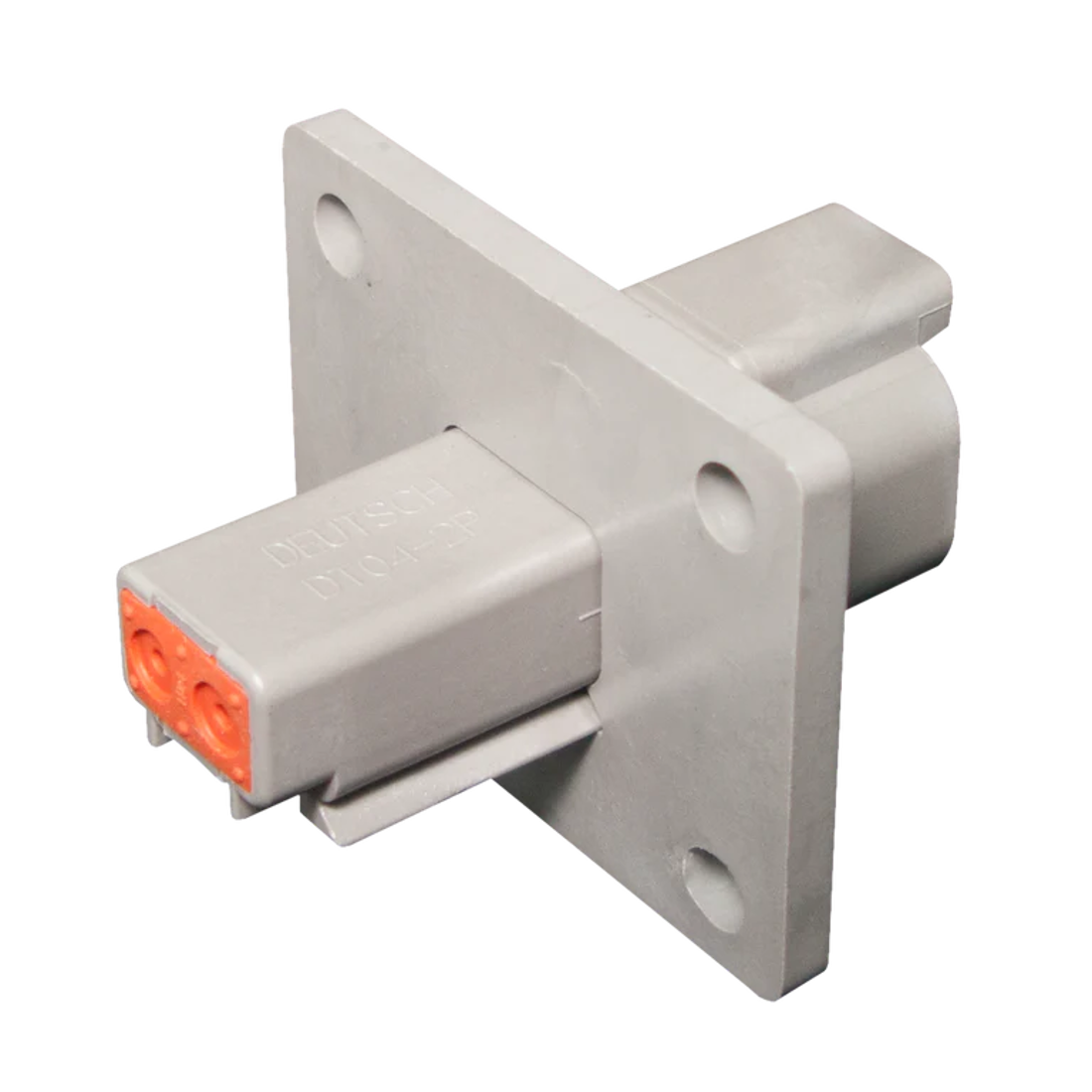 Grey Deutsch DT04-2P flush mount receptacle on its square four-hole flange, the two orange sealed cavities visible in the mating face