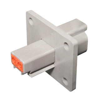 Grey Deutsch DT04-2P flush mount receptacle on its square four-hole flange, the two orange sealed cavities visible in the mating face
