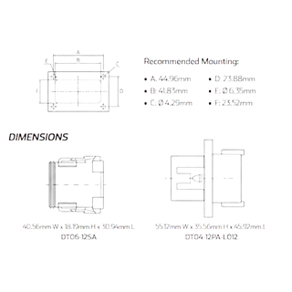Dimension drawing for the 12-circuit Deutsch DT flange mount: recommended mounting hole pattern with A 44.96mm, B 41.83mm, C 4.29mm diameter, D 23.88mm, E 6.35mm diameter and F 23.52mm, plus outline views of the DT06-12SA at 40.56 x 18.19 x 30.94mm and the DT04-12PA-L012 at 55.12 x 35.56 x 45.92mm