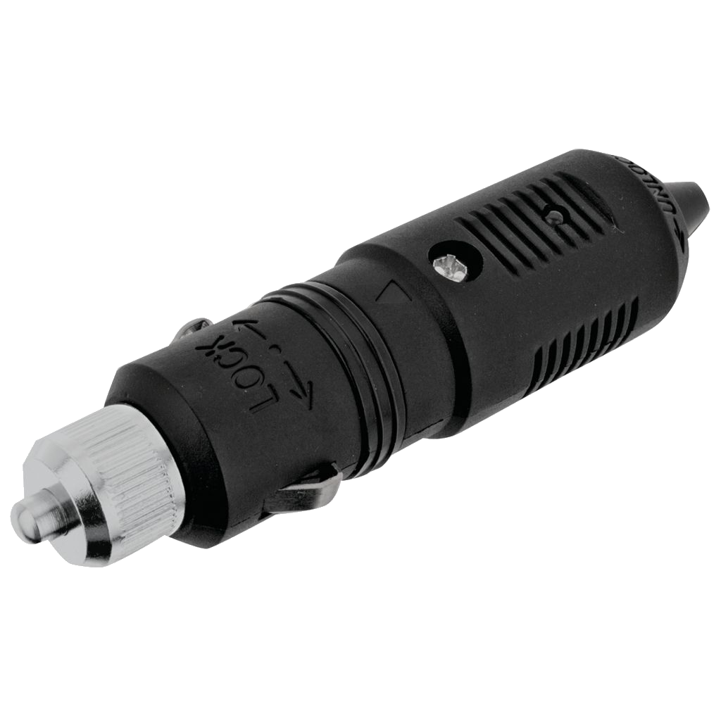12 volt accessory power plug with a black ribbed body, a knurled chrome tip that unscrews for the fuse, and LOCK moulded on the collar with an arrow showing the direction to turn