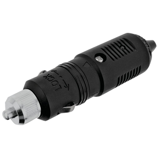 12 volt accessory power plug with a black ribbed body, a knurled chrome tip that unscrews for the fuse, and LOCK moulded on the collar with an arrow showing the direction to turn