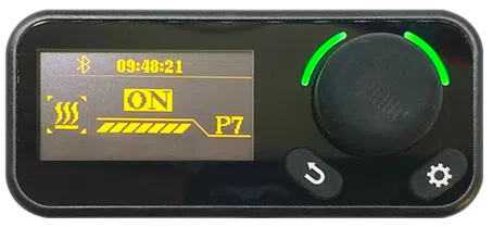 Black electronic device with digital display and control buttons on a black background