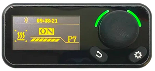 Black electronic device with digital display and control buttons on a black background