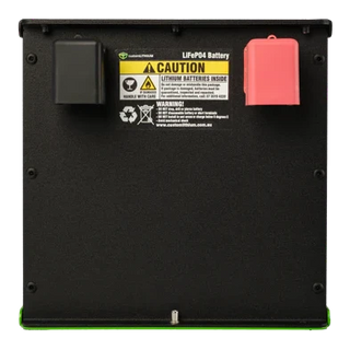 Black battery pack with warning label
