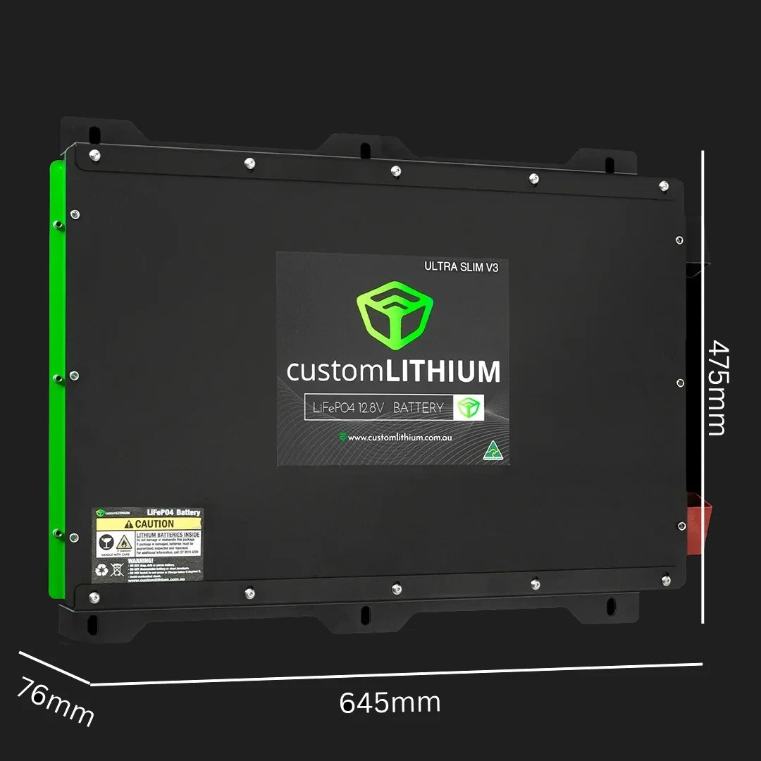 Custom Lithium Next Generation 230Ah Ultra Slim Lithium Battery dimensions — 645mm × 475mm × 76mm overall