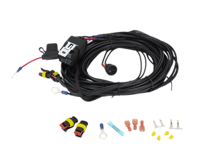 An assortment of Lazerlamps wiring kits including various connectors, cables, a relay, and fuses.