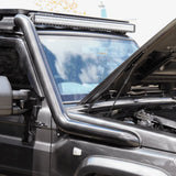 Close-up of a vehicle with a roof rack and LED light bar, outdoors.
