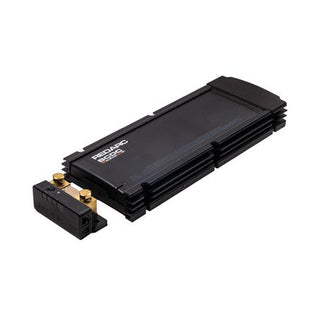 Redarc BCDC Alpha100 R battery manager seen from above at an angle, the long finned black case with the separate battery sense module and its two gold terminal studs sitting alongside