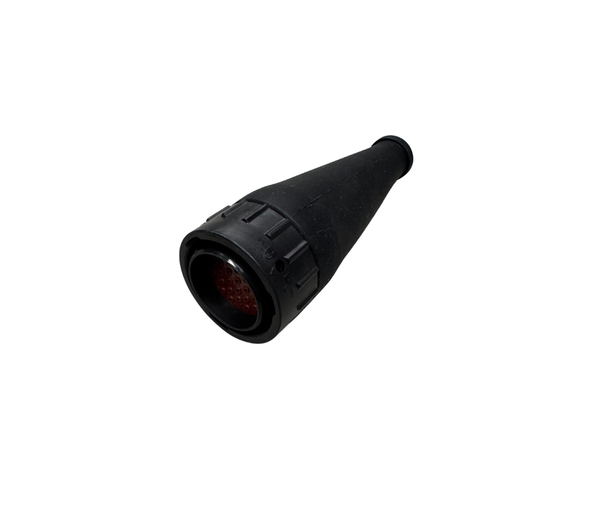 Black moulded rubber boot for a 31-pin female plug, the tapered body opening to the socket face where the red insert and its cavities are visible