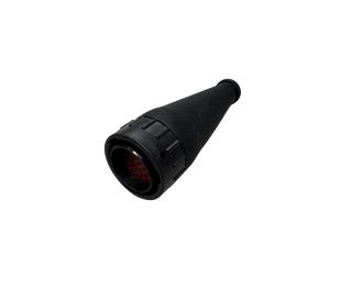 Black moulded rubber boot for a 31-pin female plug, the tapered body opening to the socket face where the red insert and its cavities are visible