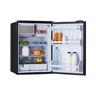 Bushman DC130-X with the door fully open, showing the freezer, adjustable wire shelves stocked with food, the crisper tub and deep door balconies holding milk and bottles