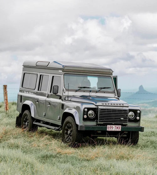 Land Rover Defender in a grassy field with a mountainous background