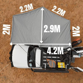 Measurement chart of a car with Destination 4WD 180 Degree Freestanding Awning Swing to the rear on a brown background