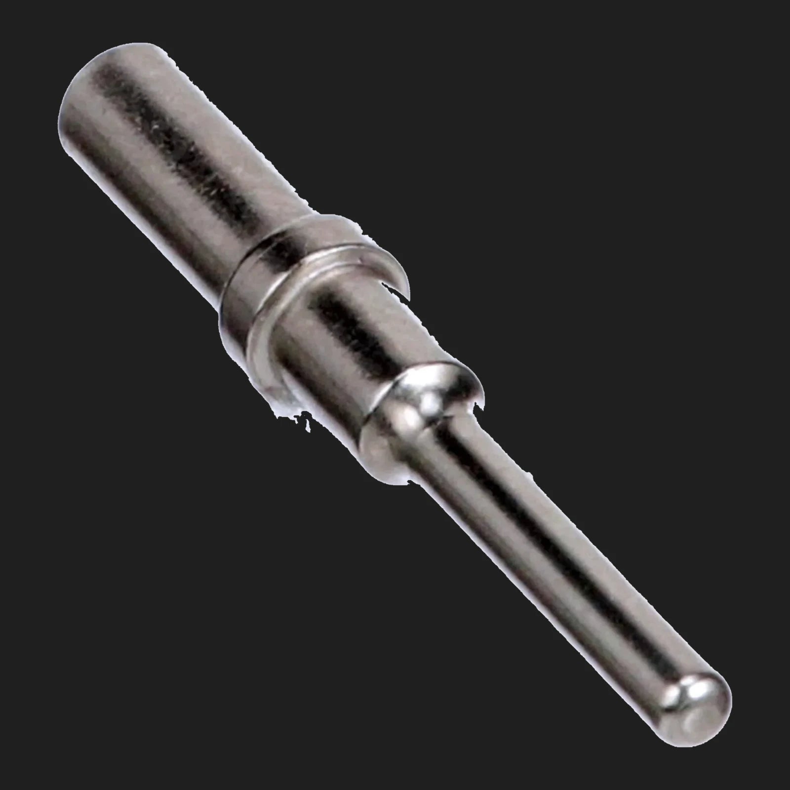 Nickel-plated 18 to 16 AWG solid pin contact, the wire barrel at one end stepping down through a locating shoulder to the mating pin