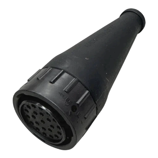 Black moulded rubber boot for a 23-pin connector, the tapered body opening to the pin face where the twenty-three sockets are visible in the insert