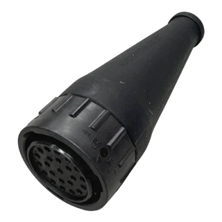 Black moulded rubber boot for a 23-pin connector, the tapered body opening to the pin face where the twenty-three sockets are visible in the insert