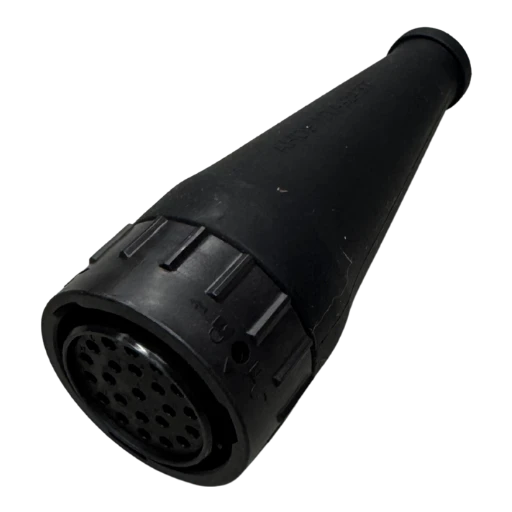 Black moulded rubber boot for a 23-pin connector, the tapered body opening to the pin face where the twenty-three sockets are visible in the insert