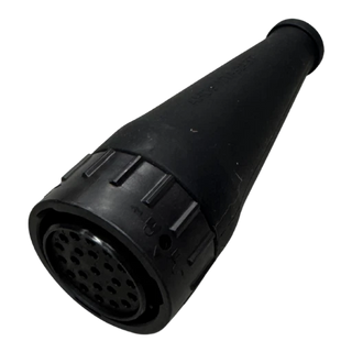 Black moulded rubber boot for a 23-pin connector, the tapered body opening to the pin face where the twenty-three sockets are visible in the insert
