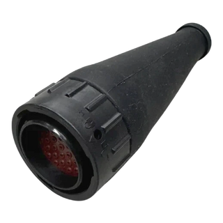 Black moulded rubber boot for a 31-pin female plug, the tapered body opening to the socket face where the red insert and its cavities are visible