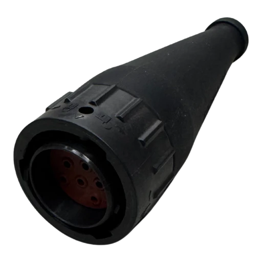 Black moulded rubber boot for an eight-pin female plug, the tapered body opening to the socket face where the red insert and its cavities show