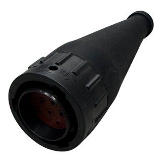Black moulded rubber boot for an eight-pin female plug, the tapered body opening to the socket face where the red insert and its cavities show
