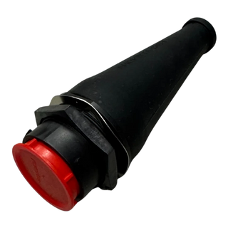 Black moulded rubber boot fitted to a 23-pin male plug, the red insert face and its retaining ring showing at the open end