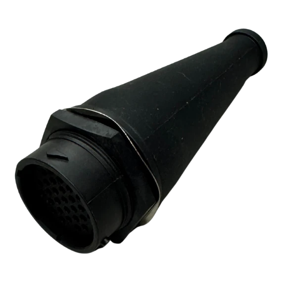 Black moulded rubber boot fitted to a 31-pin male plug, the pin face and its retaining ring showing at the open end