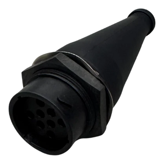 Black moulded rubber boot fitted to an eight-pin male plug, the pin face and its retaining ring at the open end
