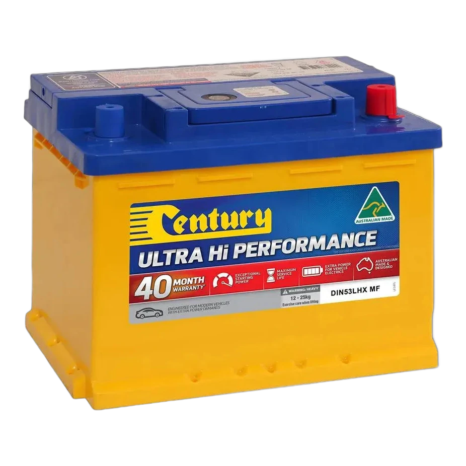 Century DIN53LHX MF Ultra Hi Performance 12V 600CCA 60Ah DIN53 starter battery front angle