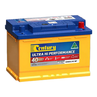 Century DIN65LHX MF Ultra Hi Performance Battery, 12V 760CCA 145 min reserve 77Ah, flooded calcium wet-cell, C polarity, STD standard-post tapered terminals, Australian-made DIN65 Euro passenger-car starter battery