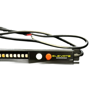 Close up of the switch end of the Elevate dual colour LED strip light, showing the white button for the white LEDs and the orange button for the amber, with Elevate Automotive branding and the two core tail