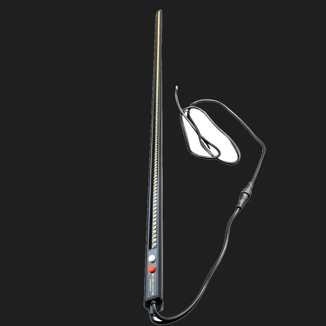 Full length view of the Elevate dual colour LED strip light with the two switches on the end plate and the 1.2m two core tail coiled alongside