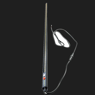 Full length view of the Elevate dual colour LED strip light with the two switches on the end plate and the 1.2m two core tail coiled alongside