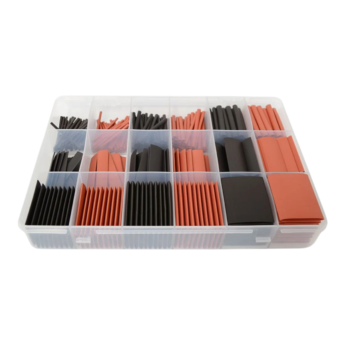 Heat shrink kit contents laid out, red and black tubes, assorted sizes