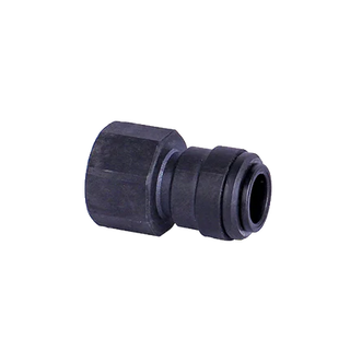 Black adaptor with a 1/2 inch BSP female nut at one end and a 12mm push-in collet at the other