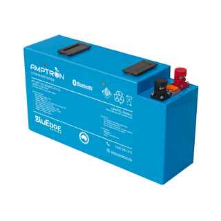 Blue battery with AMPTRON branding on a white background