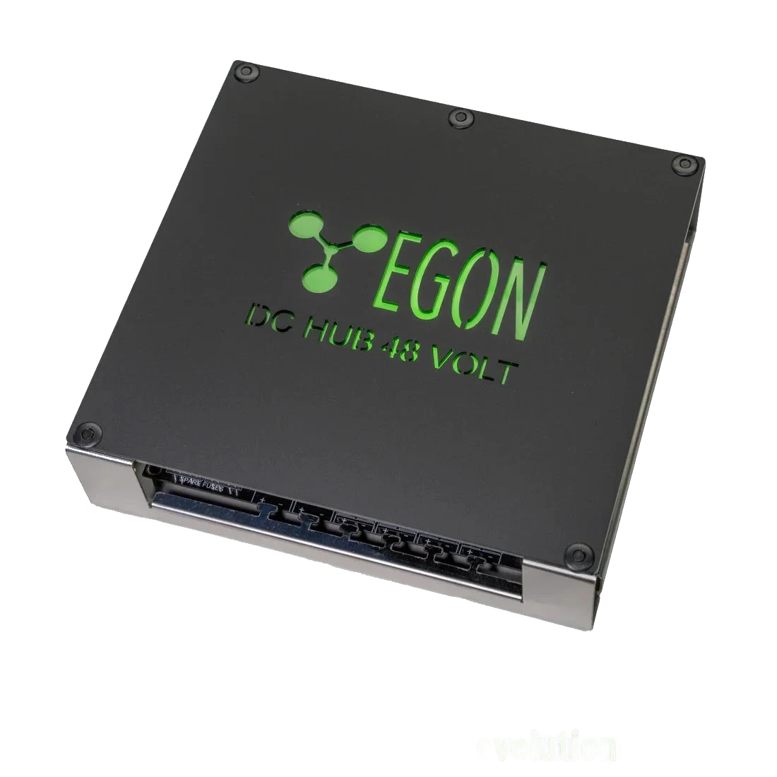 EGON DC-Hub 48V — numbered power distribution board with stainless mounting bracket and plastic cover for a 48V dual-battery system