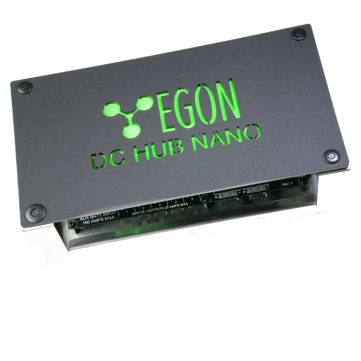 EGON DC-Hub Nano shown complete with stainless-steel bracket and heavy-duty plastic cover fitted, labelled fuse positions visible