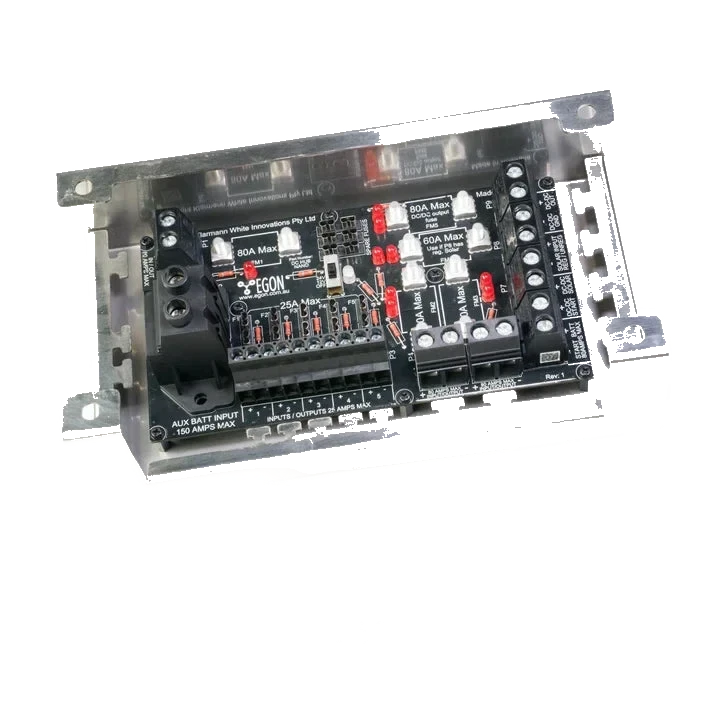 EGON DC-Hub Nano circuit board mounted in its stainless-steel bracket with cover removed, showing MIDI and blade fuse positions and clamping-yoke terminals