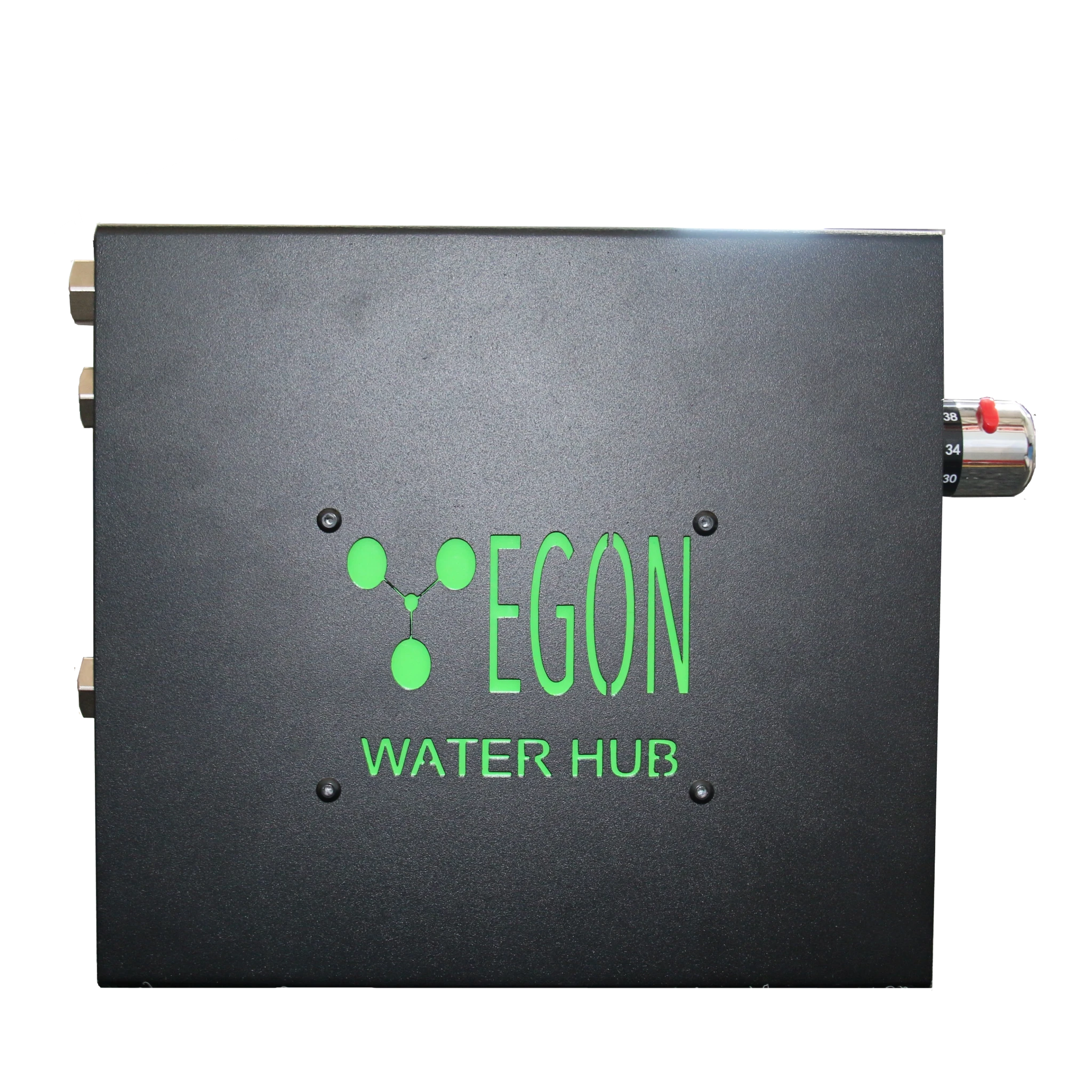 The EGON Water Hub square on to the cover face, showing the green logo, the three plumbing ports down the left edge and the thermostatic mixing valve projecting from the right