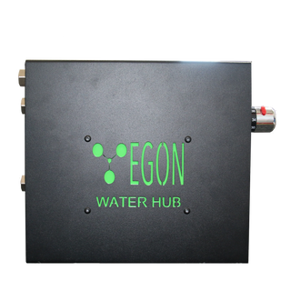 The EGON Water Hub square on to the cover face, showing the green logo, the three plumbing ports down the left edge and the thermostatic mixing valve projecting from the right