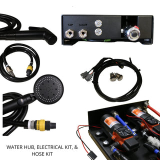 Everything in the Water Hub, electrical kit and hose kit laid out together: the hub itself, a shower hose and rose, a tap outlet hose with quick-connect fitting, the wiring loom with its two illuminated switches, and the hub with the cover off showing the twin pumps inside
