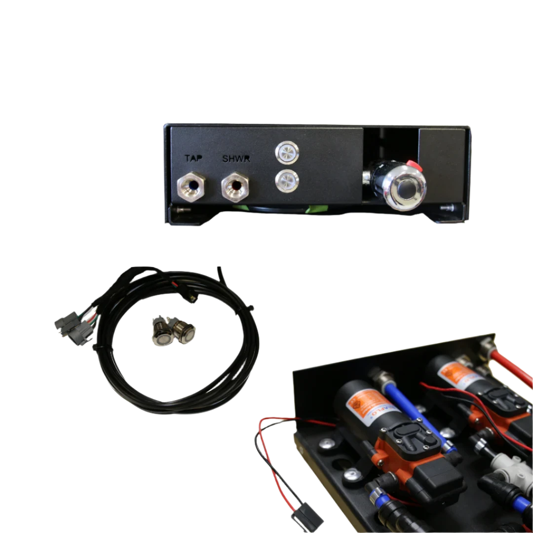 The EGON Water Hub with its electrical kit, showing the outlet end of the hub, the wiring loom with two illuminated push switches, and the inside of the hub with the twin pumps and blue plumbing lines